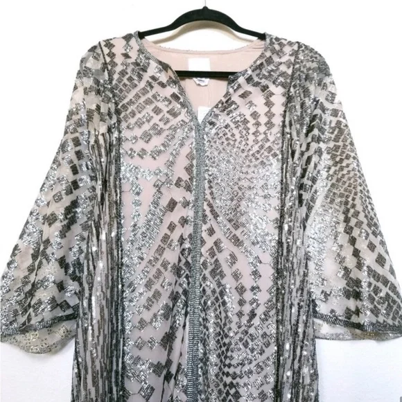 NWT | Free People x Anna Sui Sequin Embroidered Silver Front Slit Maxi Dress XS - Picture 8 of 15